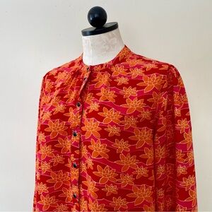 Bibop & Lula Floral Rayon Blouse Lotus Orange Pink Red Feminine Draped XL
